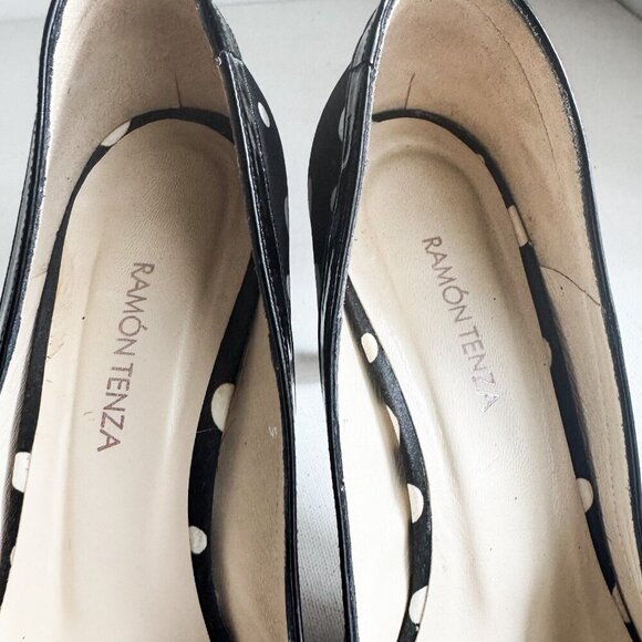Ramon Tanza Black White Polka Dots Heart Detail PIn up Heels 9M - Picture 9 of 11